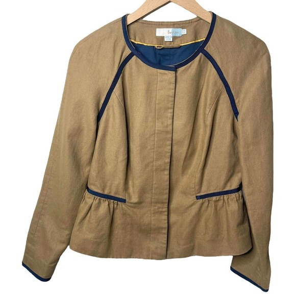 BODEN Linen Blend Khaki Collarless Snap Up Contrast Piping Jacket US 8 - Picture 1 of 9